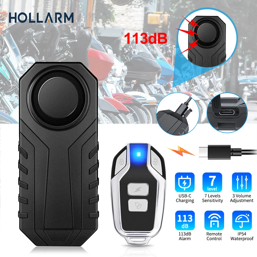 Hollarm Wireless Bicycle Vibration Alarm USB Charge Remote Control Anti-theft Motorcycle Electric Bike Alarm Security Protection