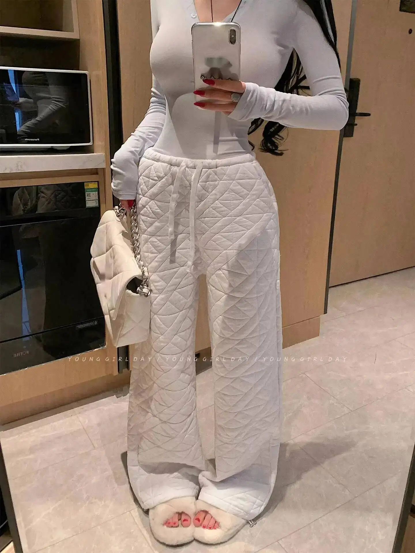 American Style High Waist Drawstring Quilted Warm Wide Leg Casual Sweatpants Floor-Length Pants Casual Winter Pants ZE6Z
