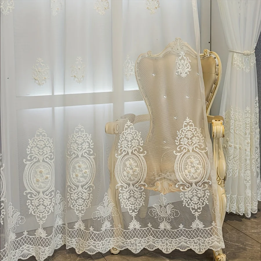 1pc Handmade Pearl Embellished Embroidered Transparent Curtain, Ideal for Classroom, Bedroom, Living Room Home Decor