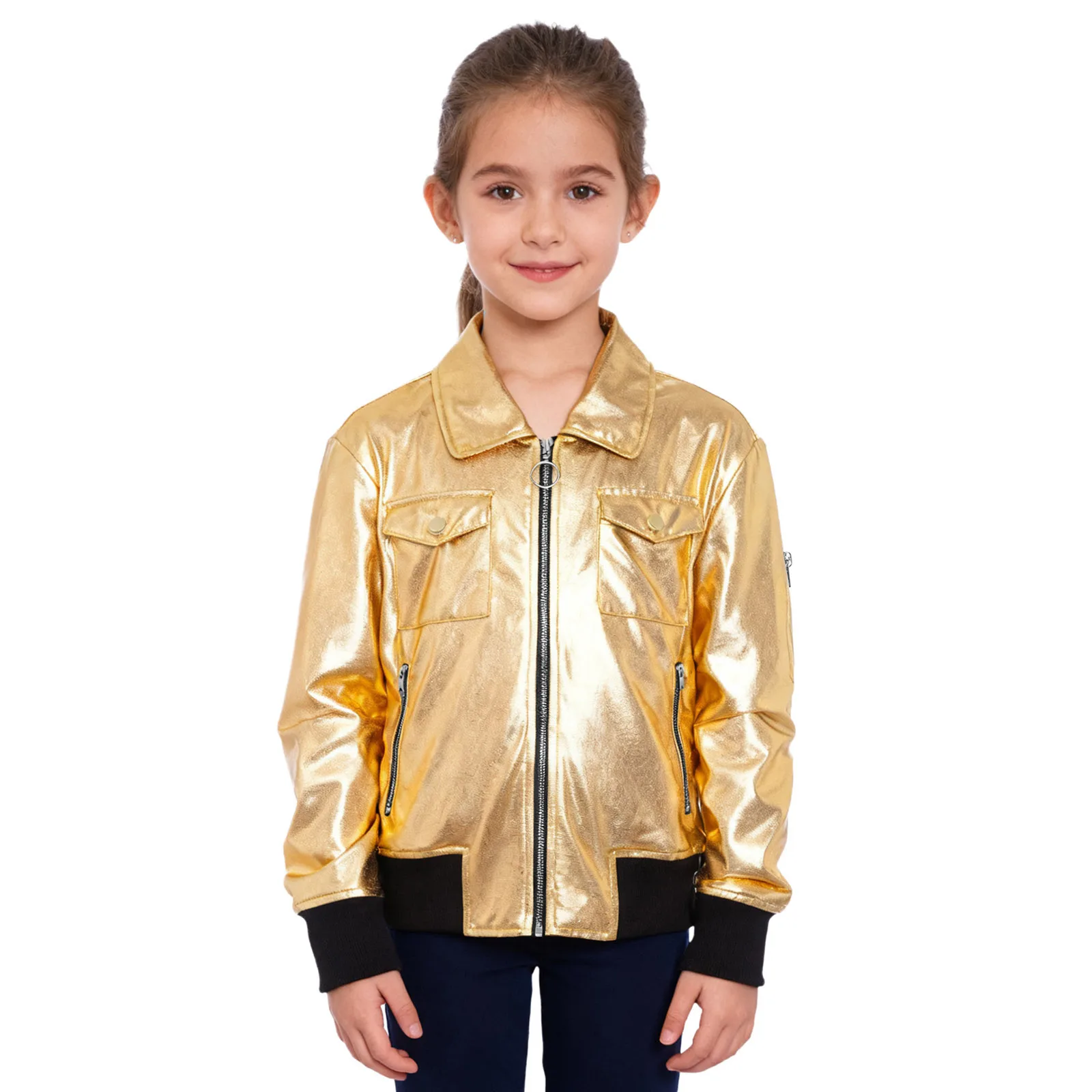 

Kid Girls Jazz Hip Hop Dance Tops Metallic Turn-Down Collar Long Sleeve Contrast Color Zip-Up Jacket Coat Outerwear with Pockets