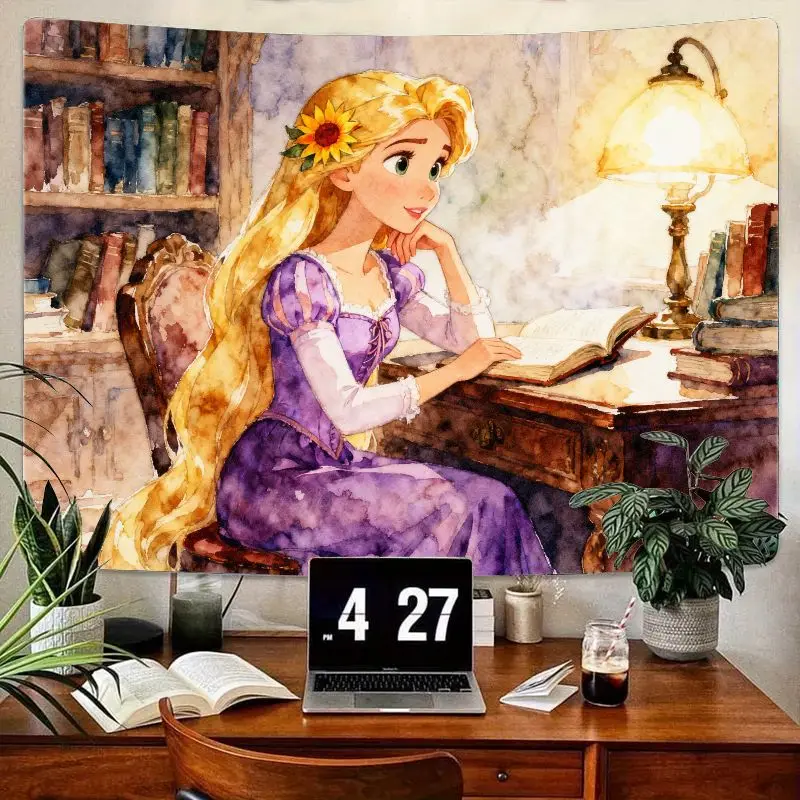 

1 шт., акварельный гобелен Диснея Рапунцель, настенное искусство принцессы для чтения книг, эстетический декор для гостиной, спальни, подарок для любителей книг