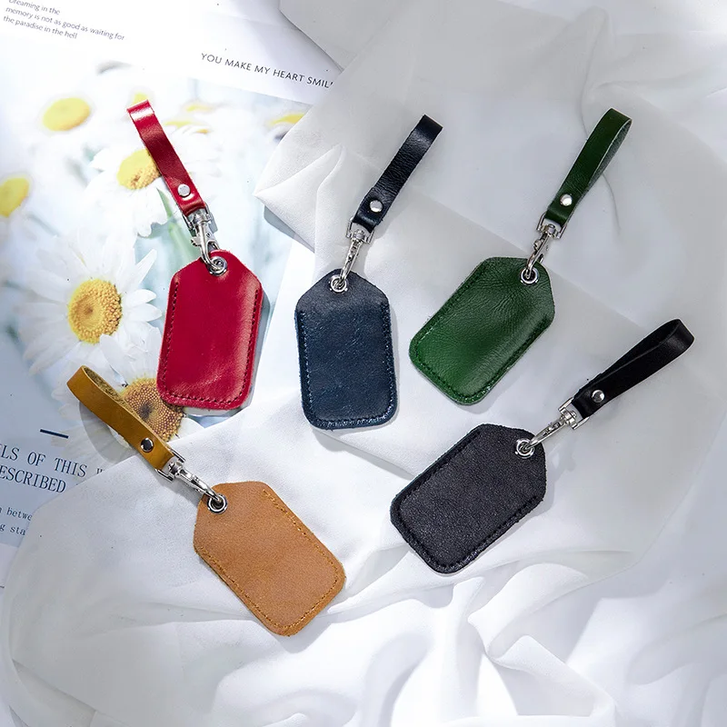 Oil Wax Leather Key Ring Control Tags ID Card Cover Case Key Chain Door Lock Access Card Holders Keychains Keyfob Key Tag Ring