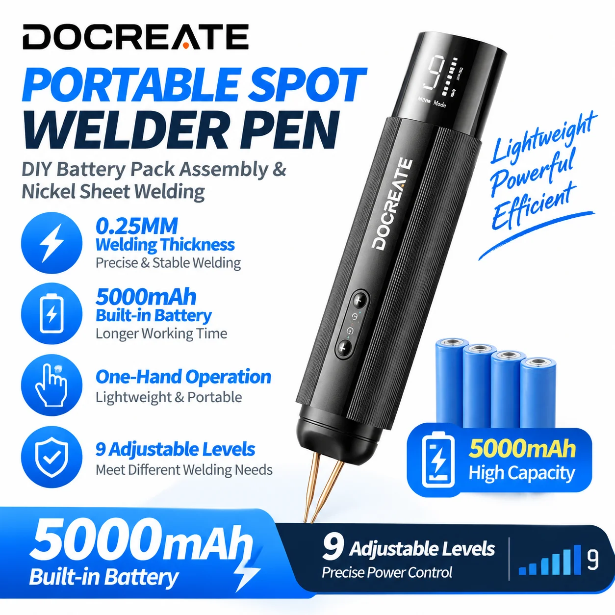 Docreate-850 Mini Battery Spot Welder, Dual Pulse Portable Welding Machine with Auto Manual Mode for 18650 Lithium Battery Pack