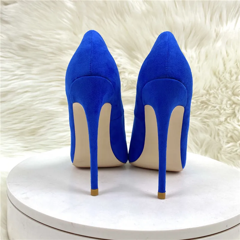 Keshangjia Blue Women Curl Cut Flock Pointy Toe High Heel Shoes 8cm 10cm 12cm Elegant Faux Suede Stiletto  33-45