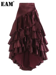 [EAM] High  Waist Wine Red Irregular Ruffles Elegant Cake Half-body Skirt Women Fashion Tide New Spring Autumn 2024  1DH7827