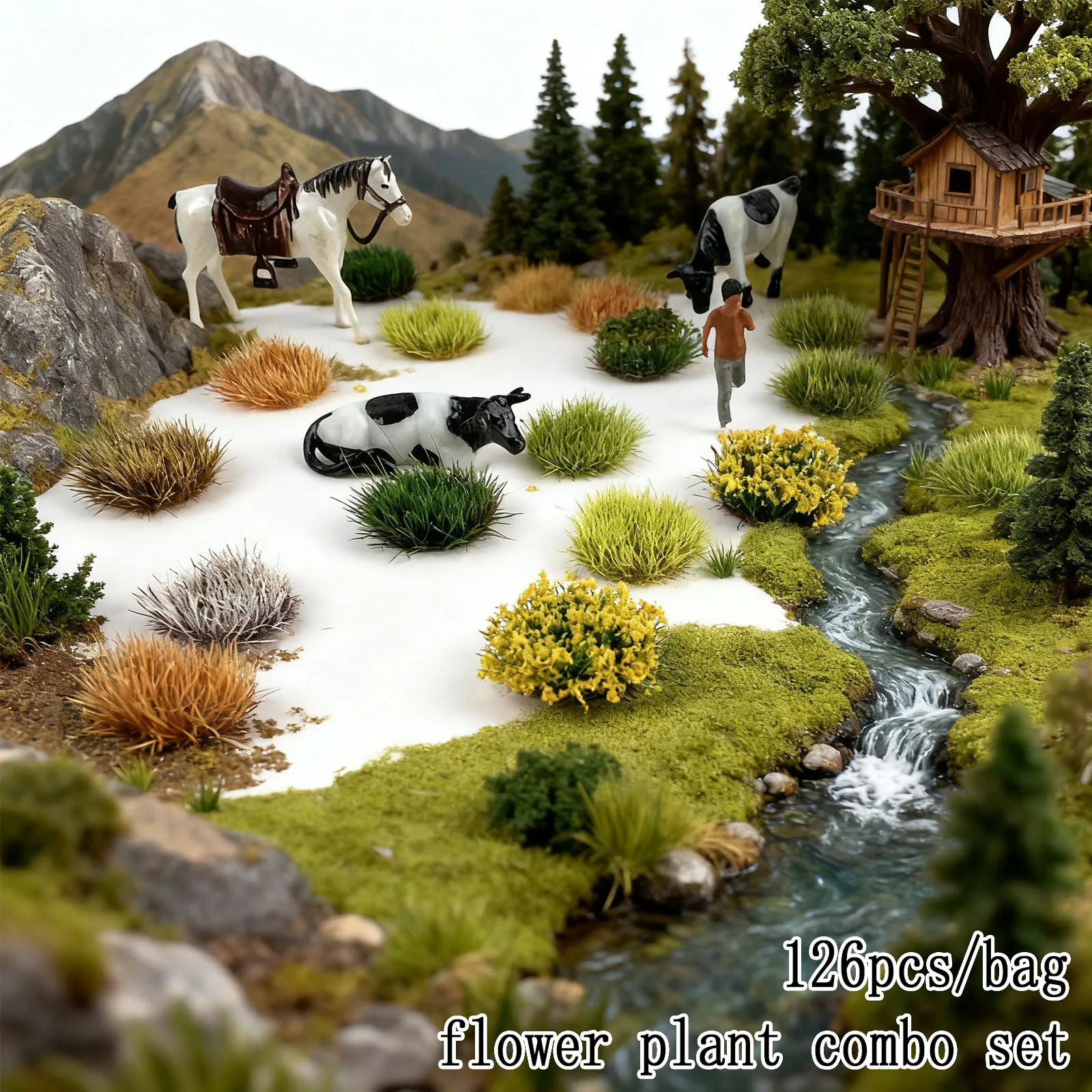 ชุดหญ้าและดอกไม้จำลองขนาด 0.5 ซม. 126 ชิ้น - อุปกรณ์เสริมวัสดุก่อสร้างสำหรับเกมสงคราม โต๊ะทราย และไดโอรามา