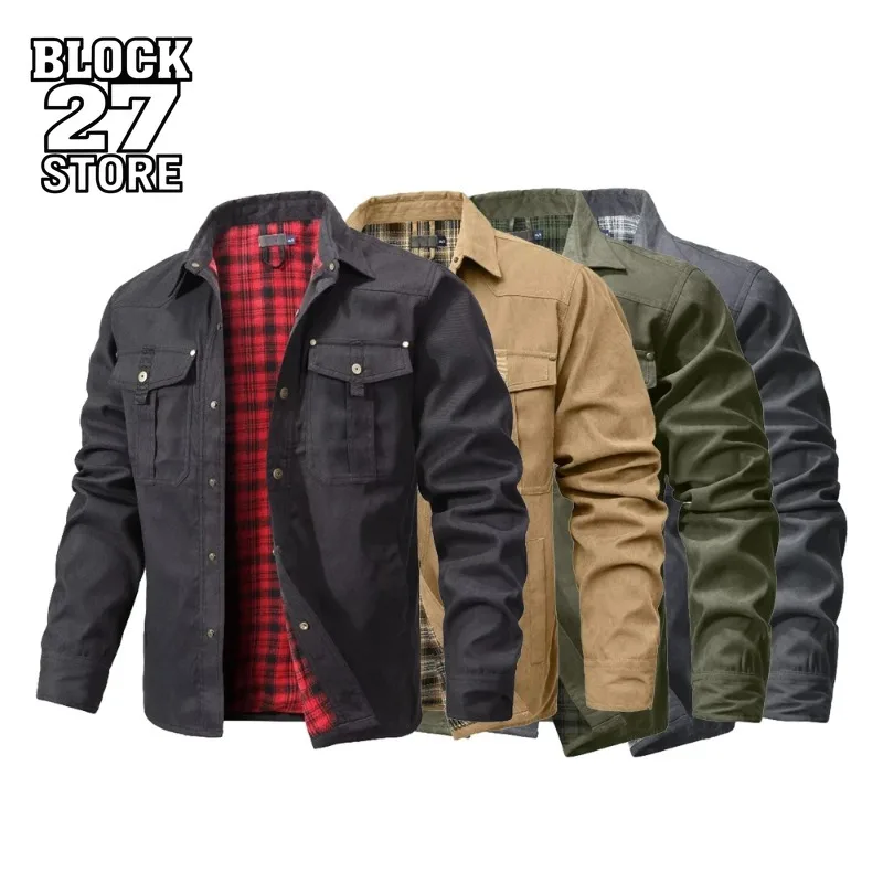 

Harajuku Men's Jackets Flannel Lined Shirt Coat Casual Snap Button Overshirt Western Cowboy Style High Quality Autumn Winter