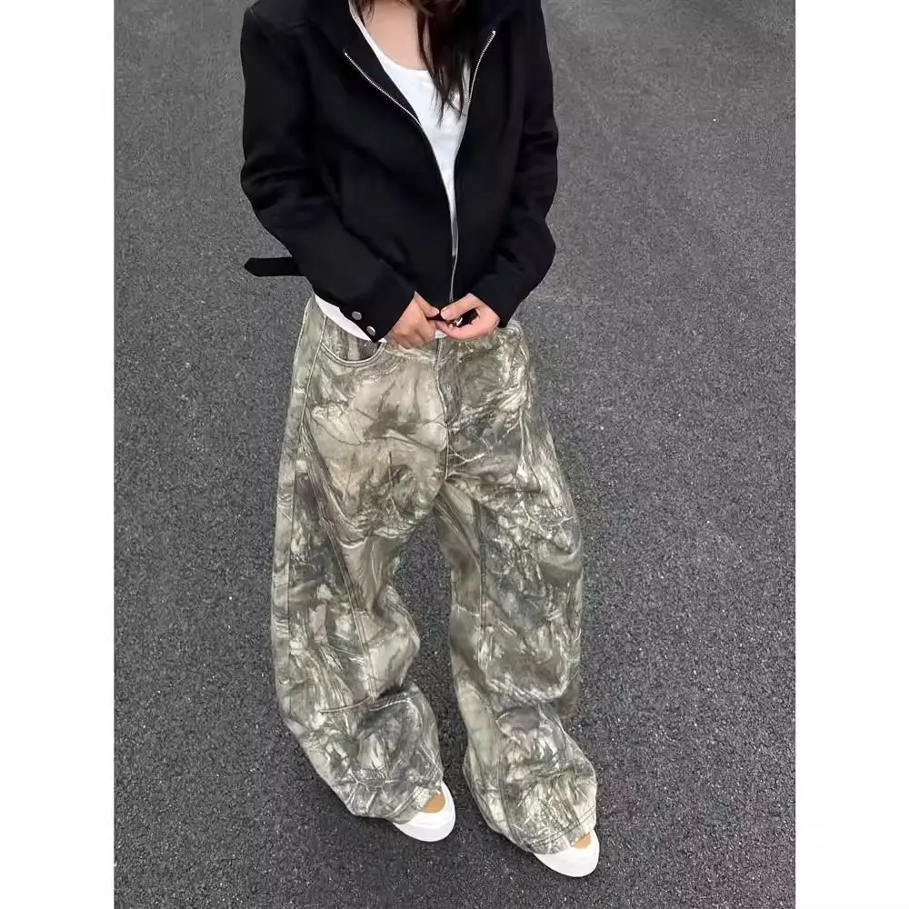 Women's Embroidered Letters Tree Branches Camouflage Pants Girl Casual Bottoms Wide Leg Female High Waist Fashion Trousers