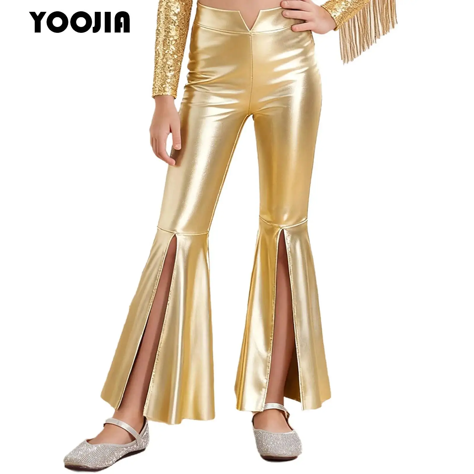 

Girls Metallic Flared Trousers Pants High Waist Split Bell-Bottom Wide Leg Pants Retro 70s Disco Hippie Leggings Dance Costume