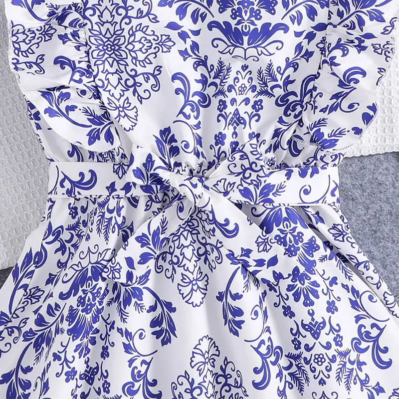 Summer Girls Designed Classic Vintage Blue Retro Printed Dress Princess Girl Dress Elegant Daily Casual Cute Floral Print Dress