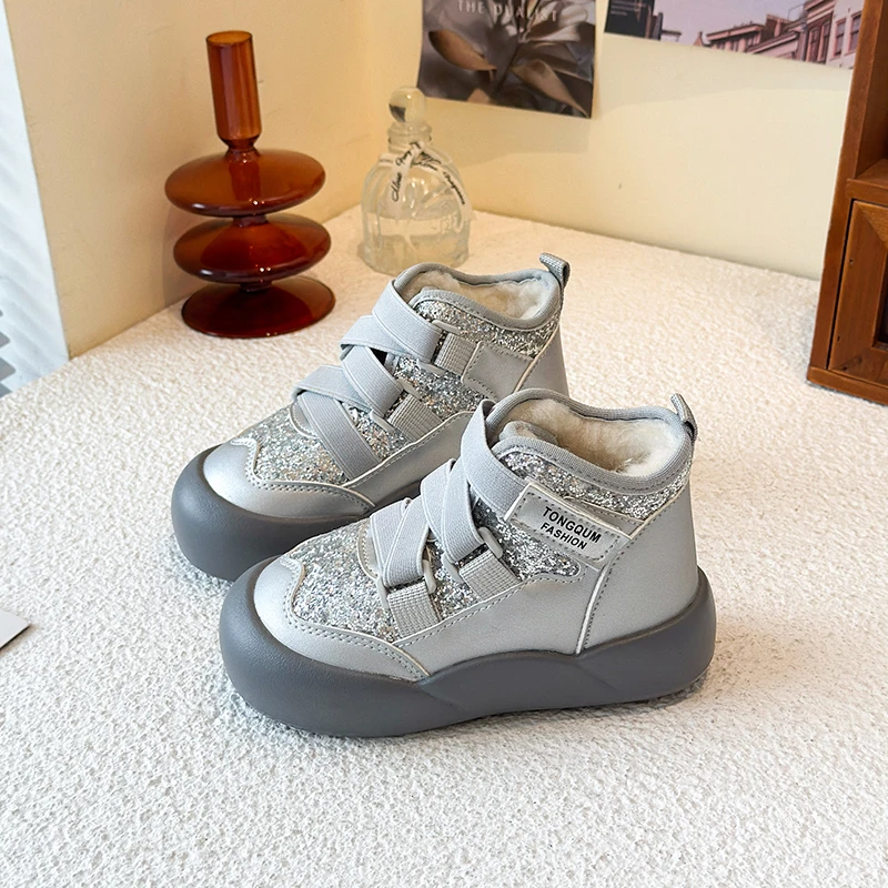 Children's Cotton Boots 3-18 Years Old Sequins Padded Thickened Boys Girls Cotton Shoes Purple Soft Non-slip Kids Snow Boots