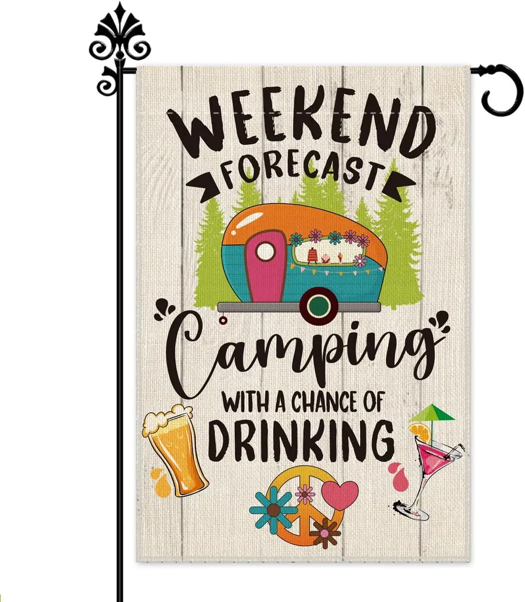 Weekend Forecast Camping Party Decor Flag 12.5x18 In | Summer Autumn Camping Flag for RV Campsite House Outdoor Lawn