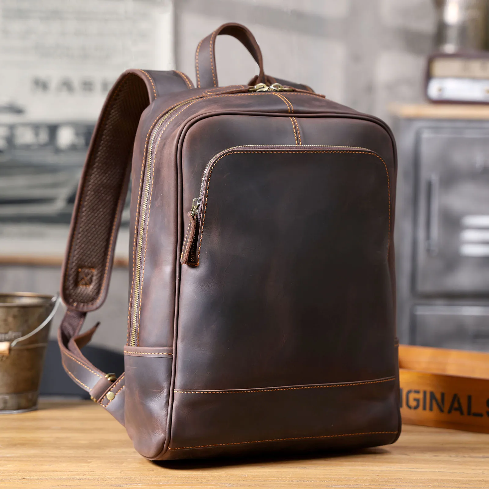 S.WORKER Vintage Echtleder-Rucksack für Herren, Große Laptop-Schultertasche aus Rindsleder, Klassische Vintage Crazy Horse Schultasche für Reisen – Detail 9
