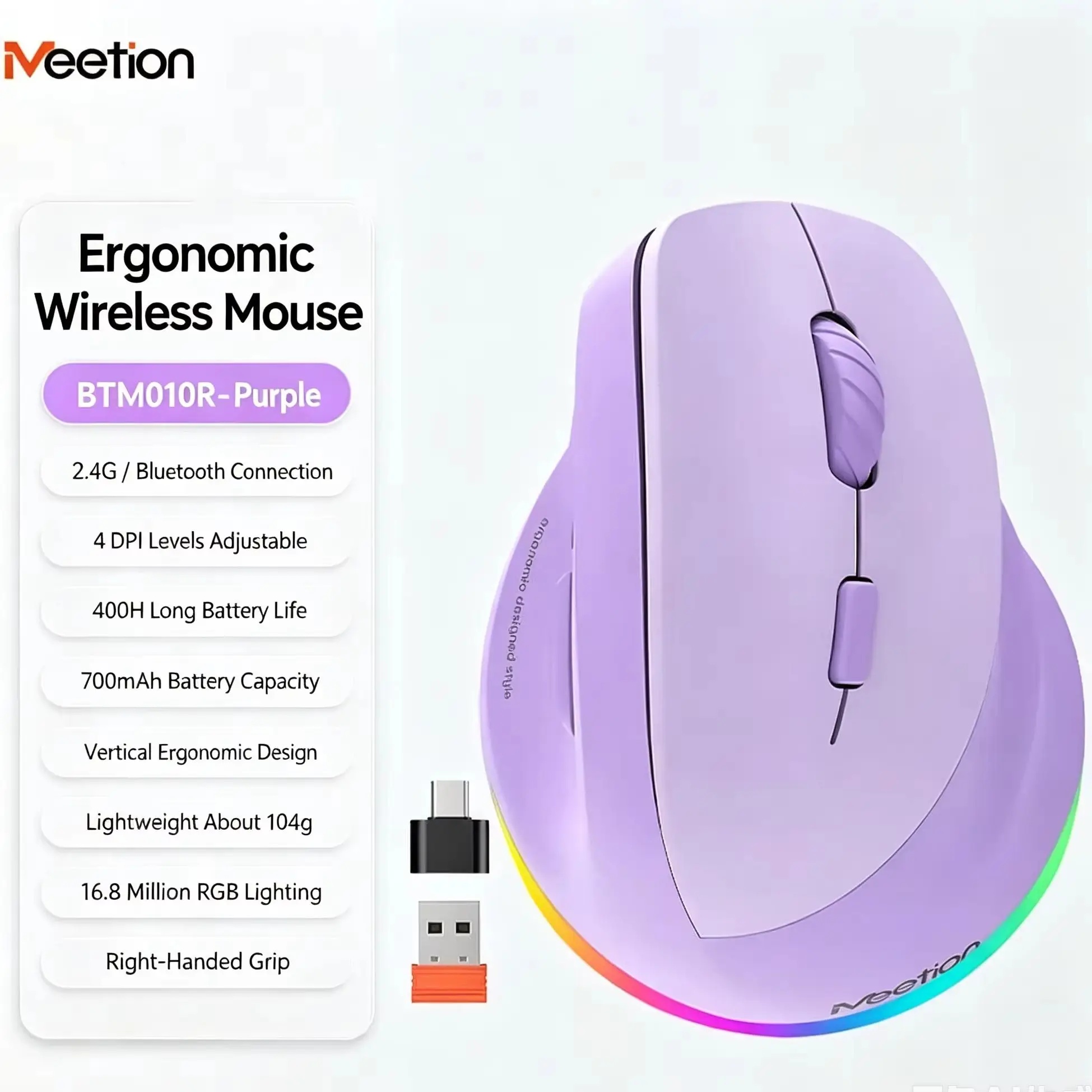 2.4G Bluetooth Dual-Mode Wireless Vertical Mouse 6-Buttons DPI Adjustable Ergonomic Rechargeable Optical Mouse For Laptop Tablet