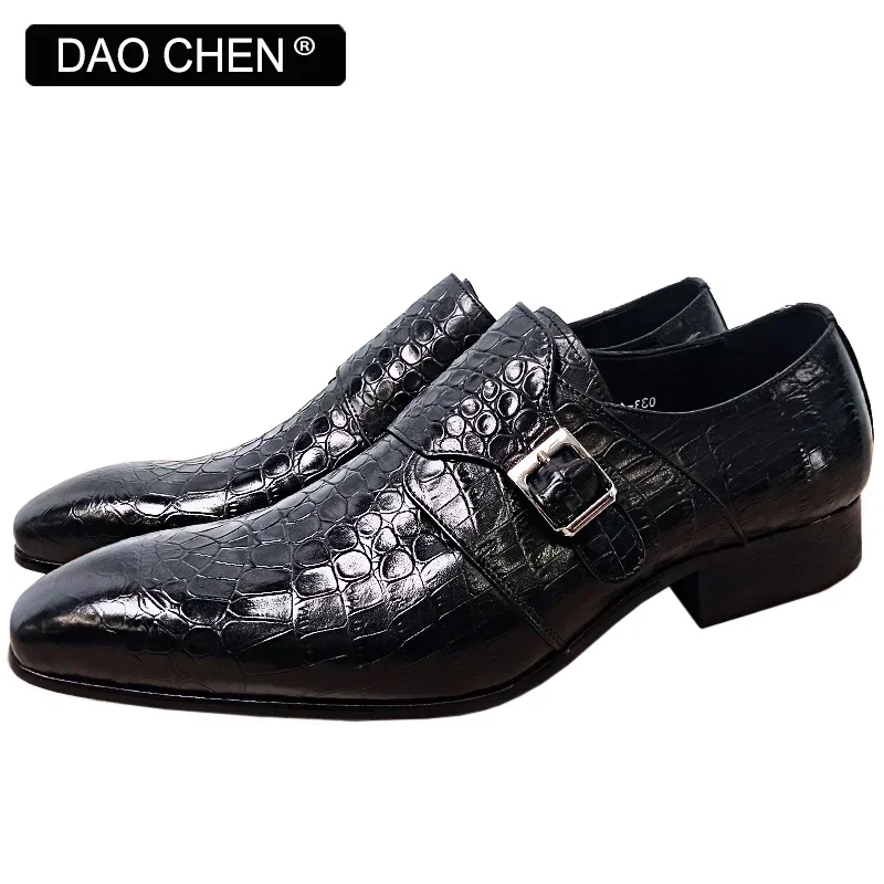 

LUXURY MEN MONK SHOES BLACK BUCKLE STRAP LOAFERS CROCODILE PRINT CASUAL MEN DRESS SHOES OFFICE WEDDING LEATHER SHOES MEN