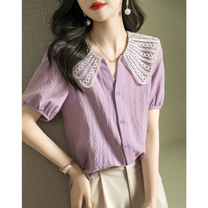 Fashion Women\'s Lace Design Jacquard Single Breasted Shirt Turn-down Collar Solid Color Crumpled Hollow Out Short Sleeve Blouse