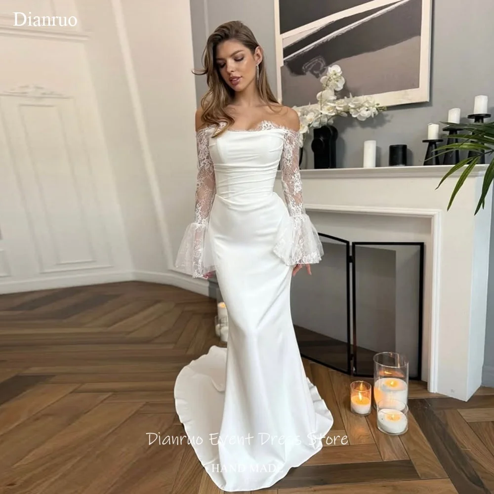 Dianruo Lace Off Shoulder Wedding Dress Floral Lace Bell Long Sleeves Vestido De Noiva Bridal Mermaid Evening Dress Customized