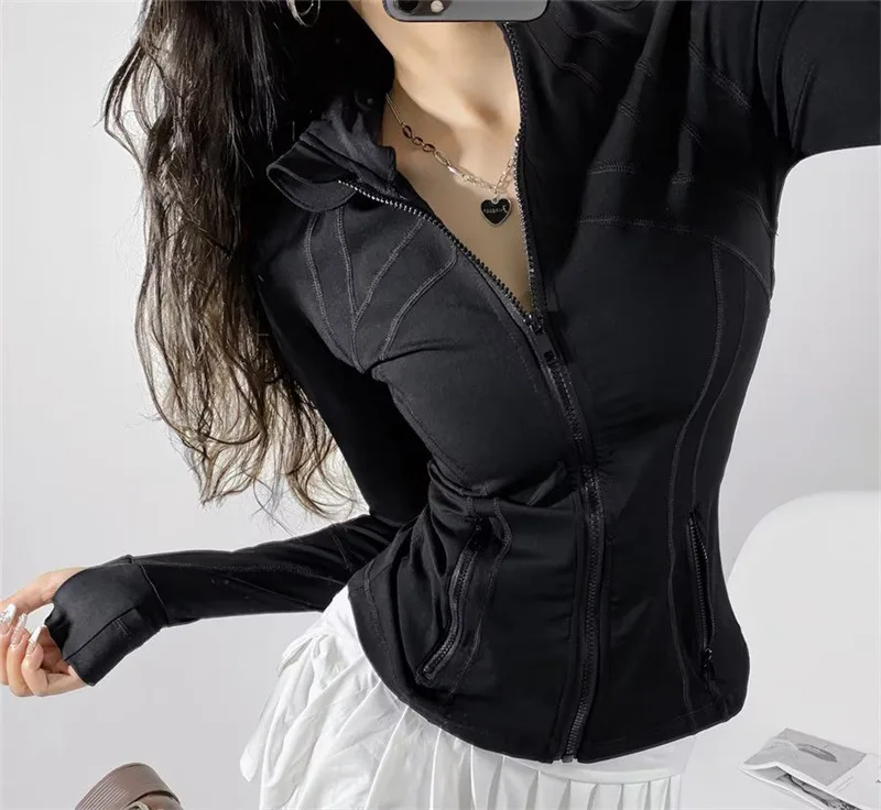 Women Define Long Sleeve Sports Jacket With Pockets High Elastic Fitness Yoga Running Zip Up Jackets Workout Coat Top