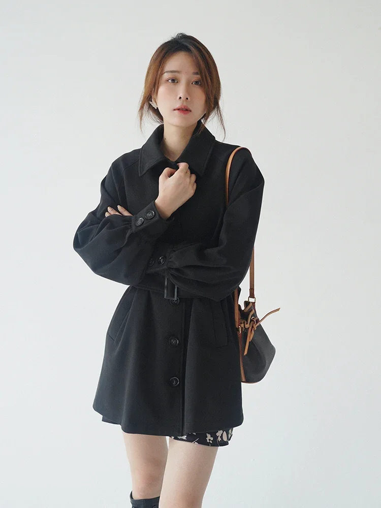 

Women Elegant Mid Wool Coat Solid Color Turn-down Collar Simple Breast Woman Coats Perfect for Petite Figures Autumn Winter