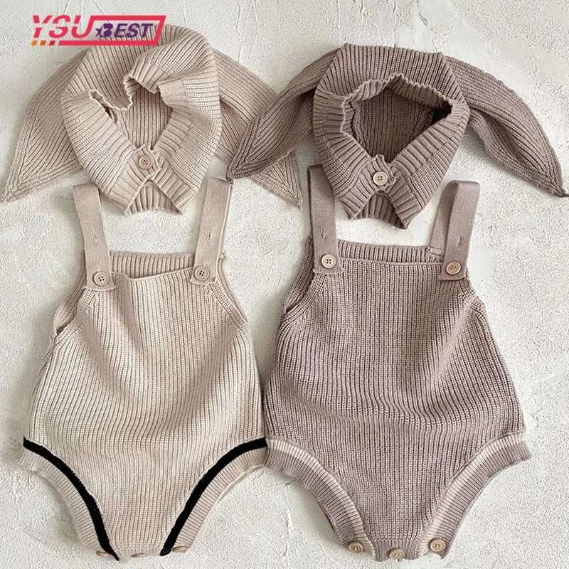 

New Infant Kids Jumpsuits Newborn Bodysuit Girls Boys Shaped Knitted One-piece Toddler Bodysuits +Rabbit Hat Clothing Knit Set