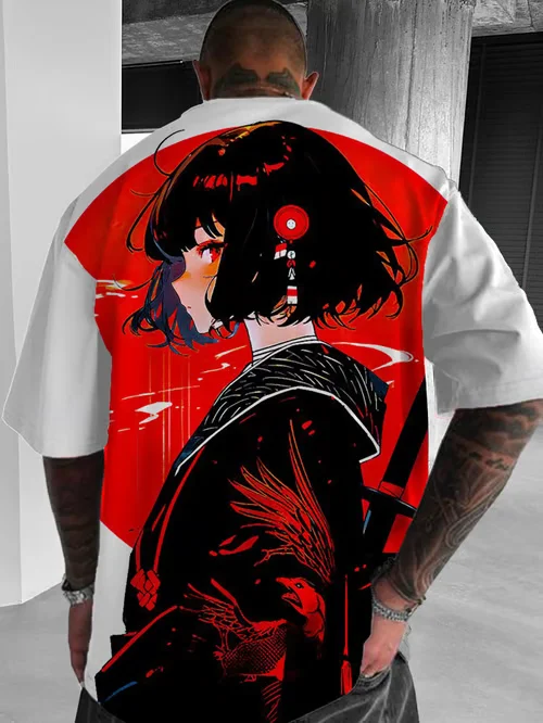 Unisex Oversized T‑Shirt Japanese Anime Girl Back Print Graphic Tee Red Black Art Casual Streetwear White Short Sleeve Top