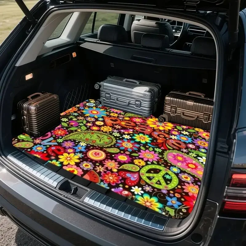 1pc Vintage Hippie Style Trunk Mat For - Featuring A Vibrant Floral And Peace Symbol Design, Made From Soft And Plush Material F