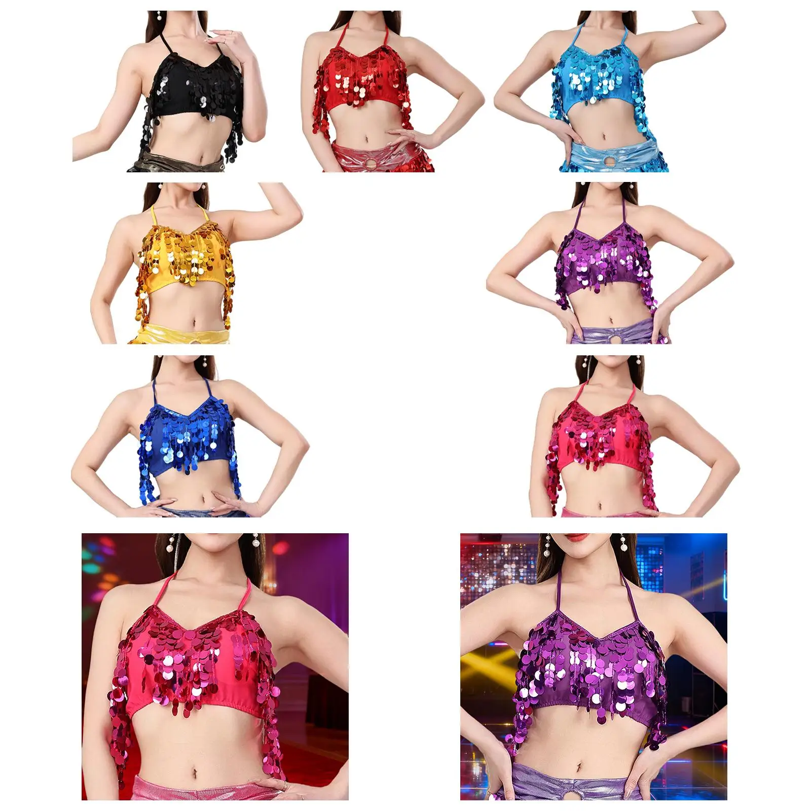 Top curto com borla para dança do ventre, sutiã feminino com glitter, gola halter, camisola sem costas