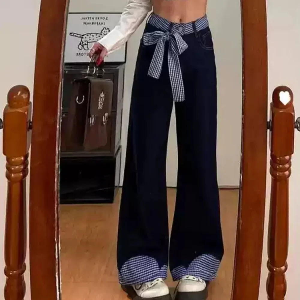 Korean Style Strap Plaid Spliced Bow Straight Tube Jeans Casual Loose Daily High Waist Slim Women's Wide Leg Denim Pants