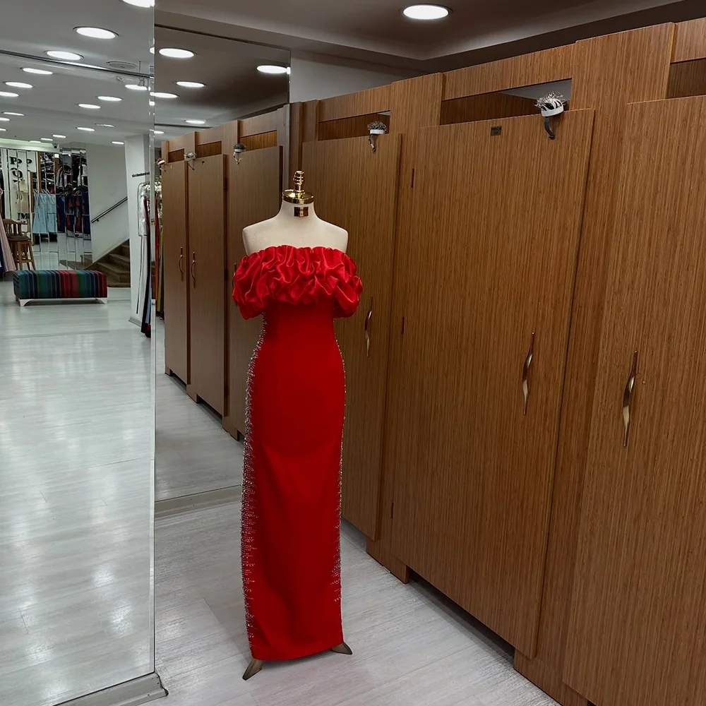 

Fantastic Boat Collar Ruffles Sexy Sheath Evening Party Dress Backless Court Prom Bridesmaid Gown Beading Customzied