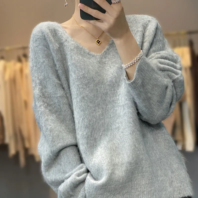 Cashmere Knitted Sweater 2024 Fashionable Loose Thick Plush For Autumn/Winter Lazy Style V-neck Soft Solid Long Sleeves Pullover