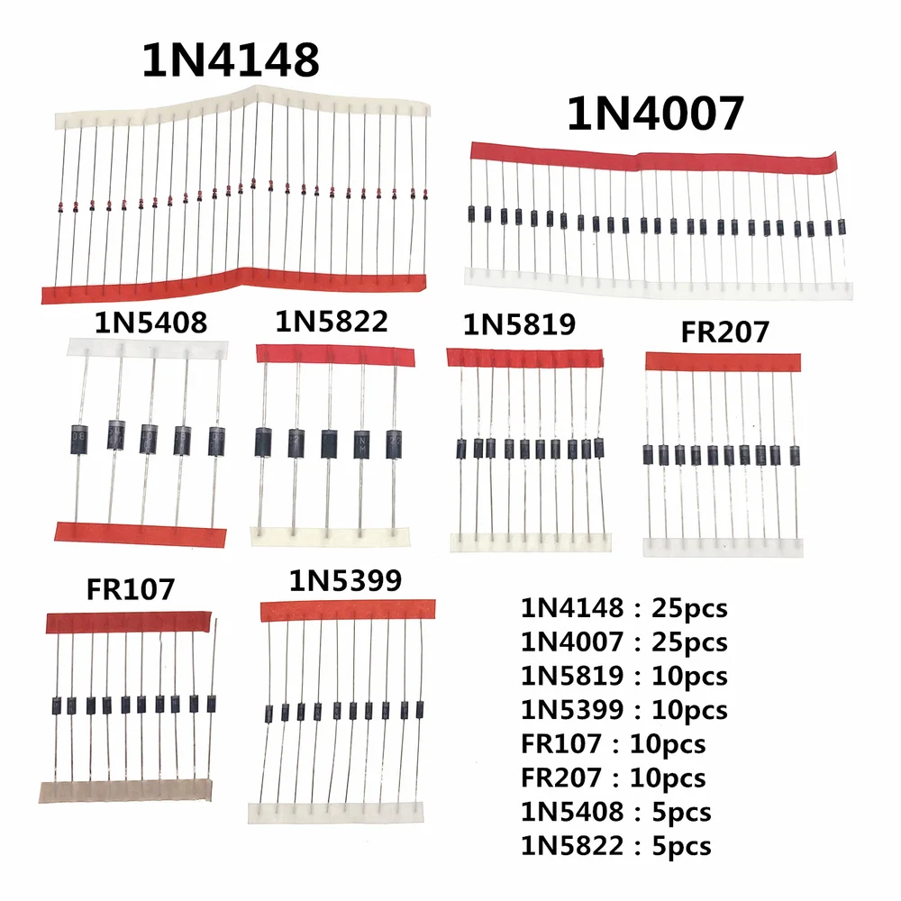 8 Value Diode Kit 1N4007 DIODE 1N4148 1N5817 1N5819 1N5399 1N5408 1N5822 FR107 FR207 1N4001 1N4002 1N4003 1N4004 1N4005 1N60