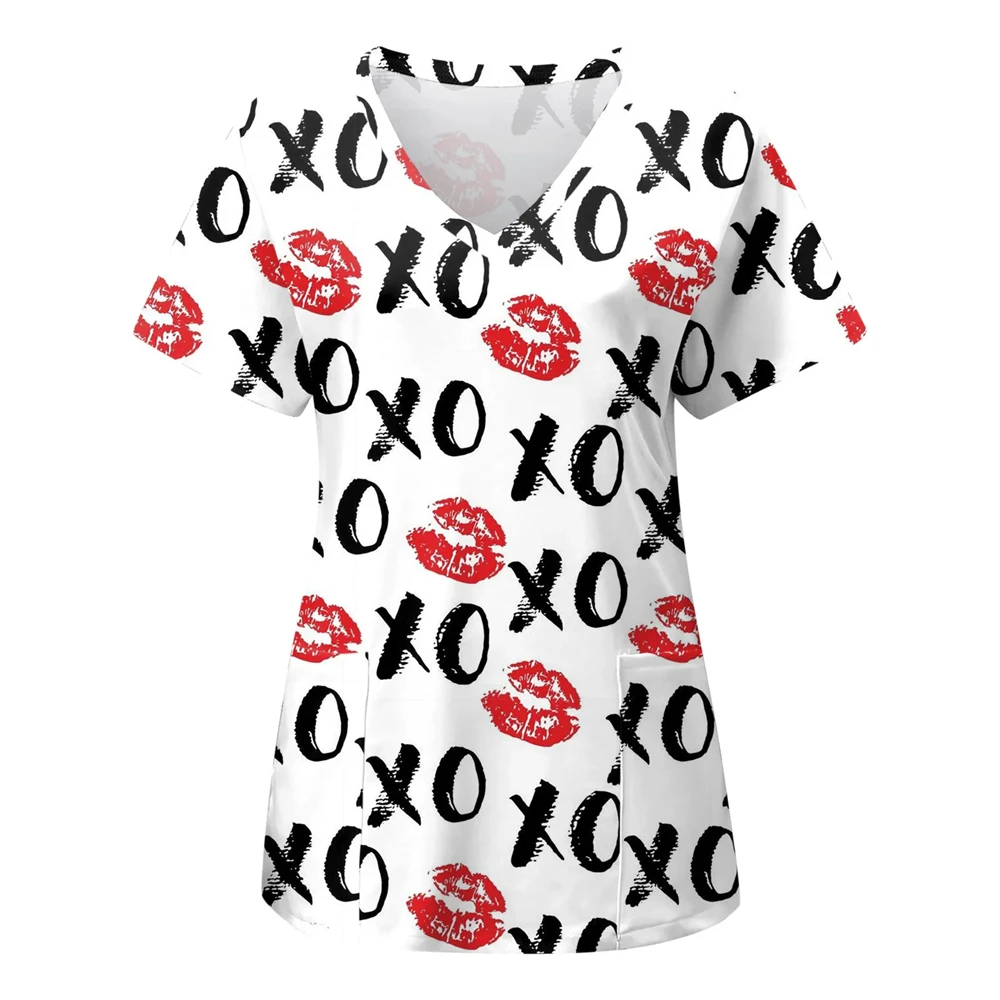 Love Print Scrubs uniformi mediche Para Mujer Top Mate Con Cuello En V, Dental Uniforme De Enfermera Camisa De Manga Corta Monos