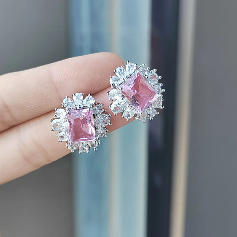 Luxury Shiny Pink Zircon Cubic Stud Earrings For Women Fashion Sparkling Big Crystal Square Earrings Elegant Lady Party Jewelry