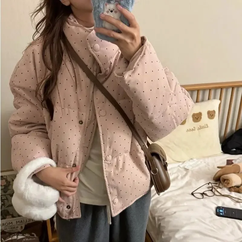 

Korean Style Women Pink Polka Dot Parkas Sweet 2025 Winter New Stand Collar Single Breasted Zipper Coats Femme
