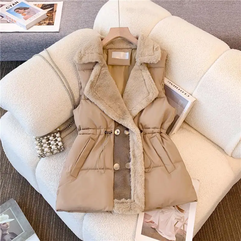 Woman Vest Jacket Winter New Model Waistcoat Double-breasted Fur Collar Waist-cinching Shearling Cotton Vest Trend New 2026