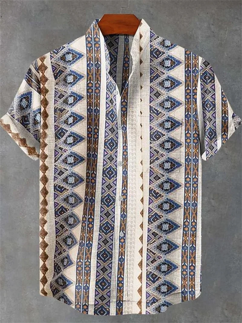 New Vintage Style Men's Linen Short Sleeve Shirt Casual Fashion Men's Flower Printed Shirt Casual Ethnic Style