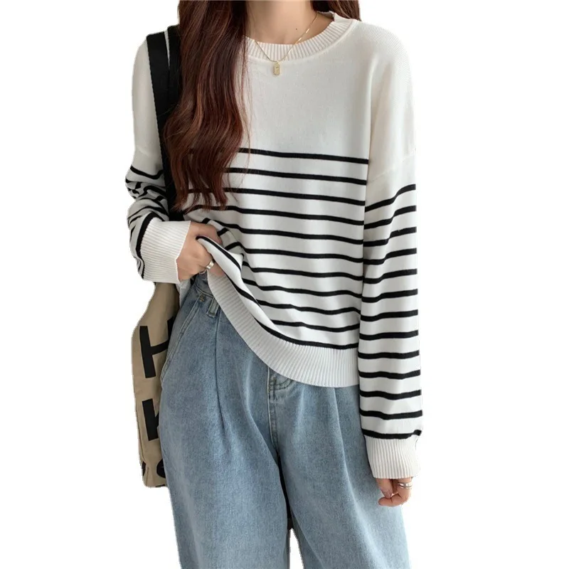 Striped Long Sleeve Outerwears Jumper 2024 Early Autumn Fashionable Women\'s Loose Slim Sweater Top Women\'s Clothing Tops Traf