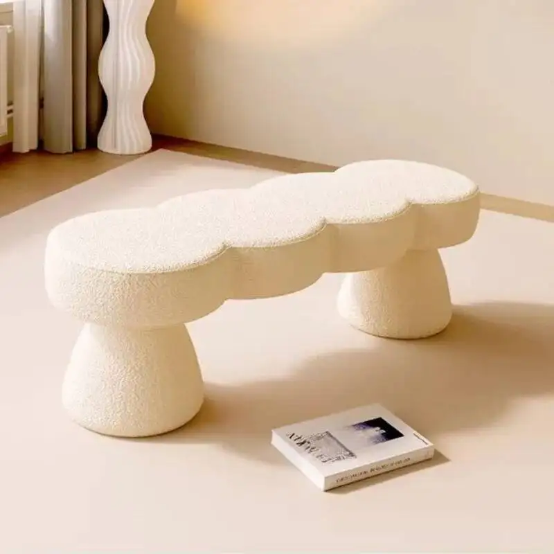 Cute Cloud Bench & Mushroom Stool, Modern Bouclé Upholstered Window Bench, Cozy Accent Furniture for Kids Room Bedroom Decor view 2