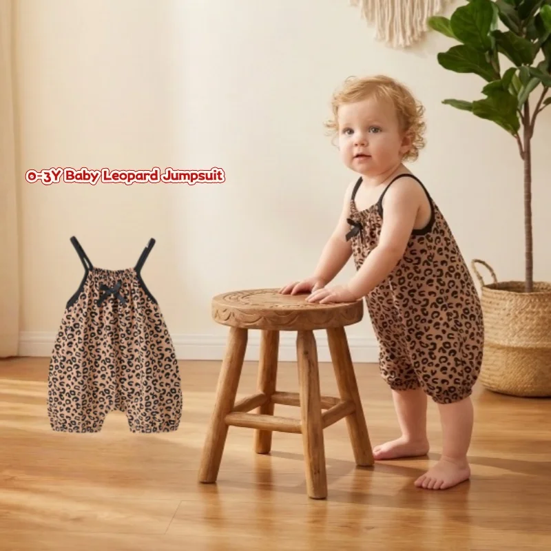 0-3Y Baby Romper Spaghetti Strap Infant Girls Jumpsuit Summer Leopard Bow Knot Bodysuit Toddler Sleeveless Outfits