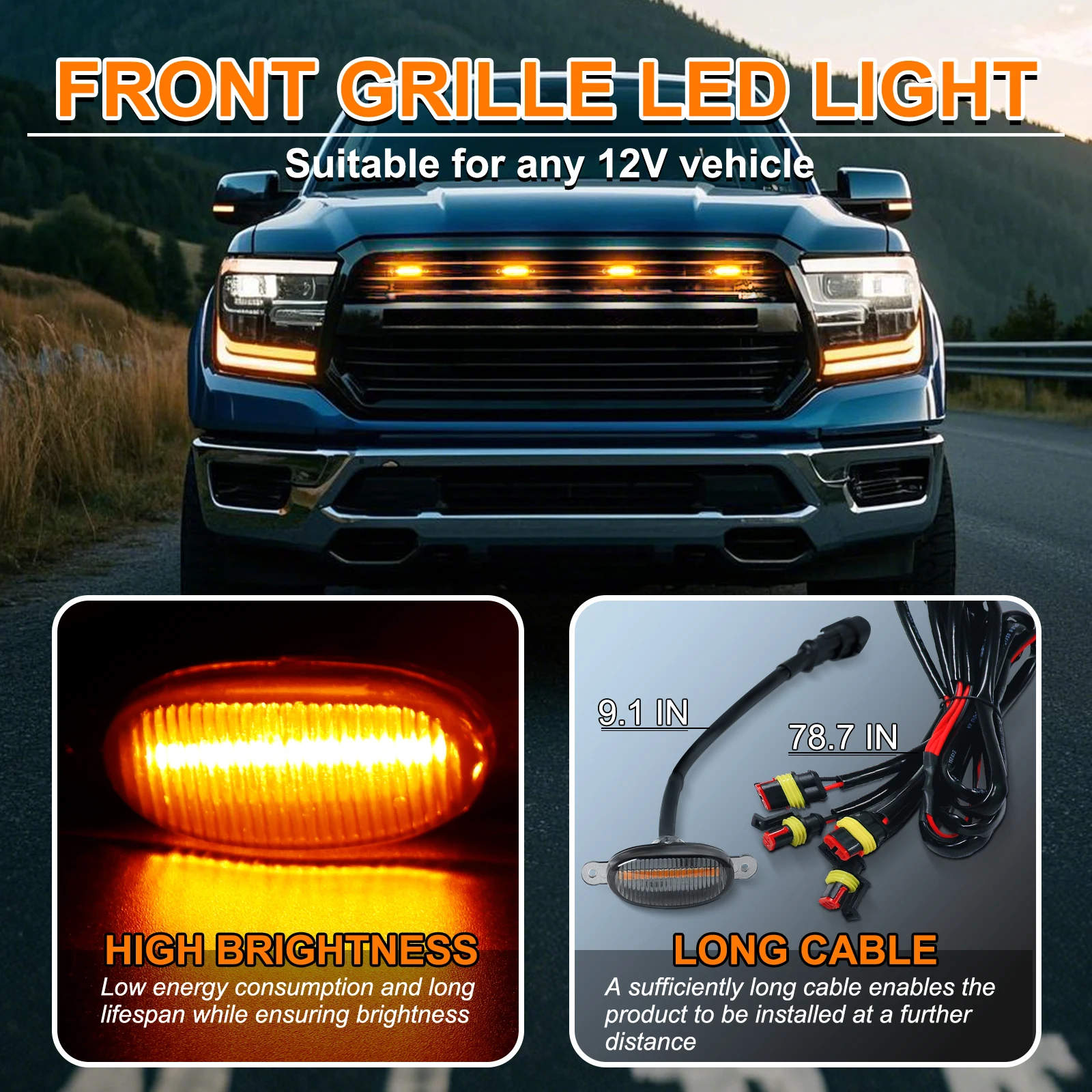 4LED Car Front LED Grille Light Smoked Amber Daytime Running Light Eagle Eye Lamp For Off Road Toyota Ford F150-350 Running Lamp