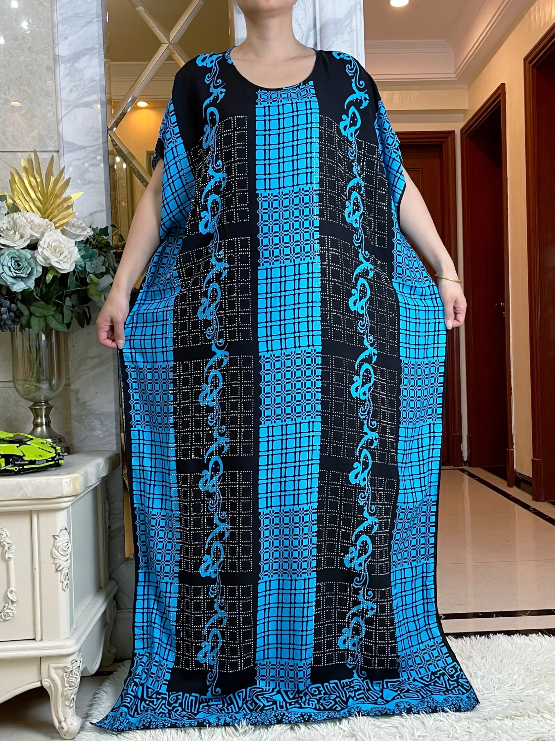 2024Summer African Short Sleeve Cotton Dress With Big Scarf Loose Printed Floral Boubou Maxi Islam Women Diamonds Abaya Clothes