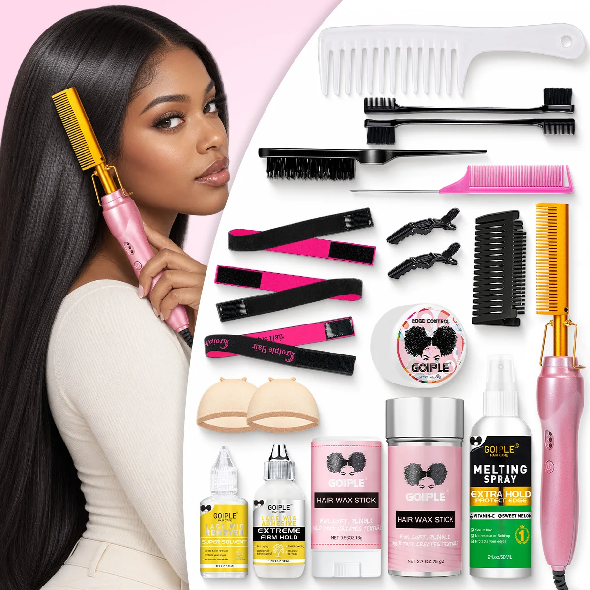 GOIPLE Electric Hot Comb Set, 3 Heat Settings Gold Heated Press Comb in Champagne Pink with Edge Styling and Wig Accessories