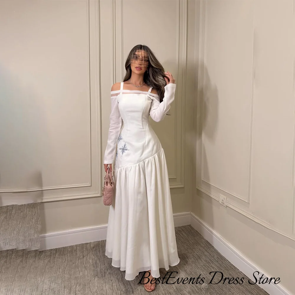 Customized Romantic Off Shoulder Prom Dresses White Sequins Beadings Pleated Formal Evening Dresses Saudi Arabia Evening Dress