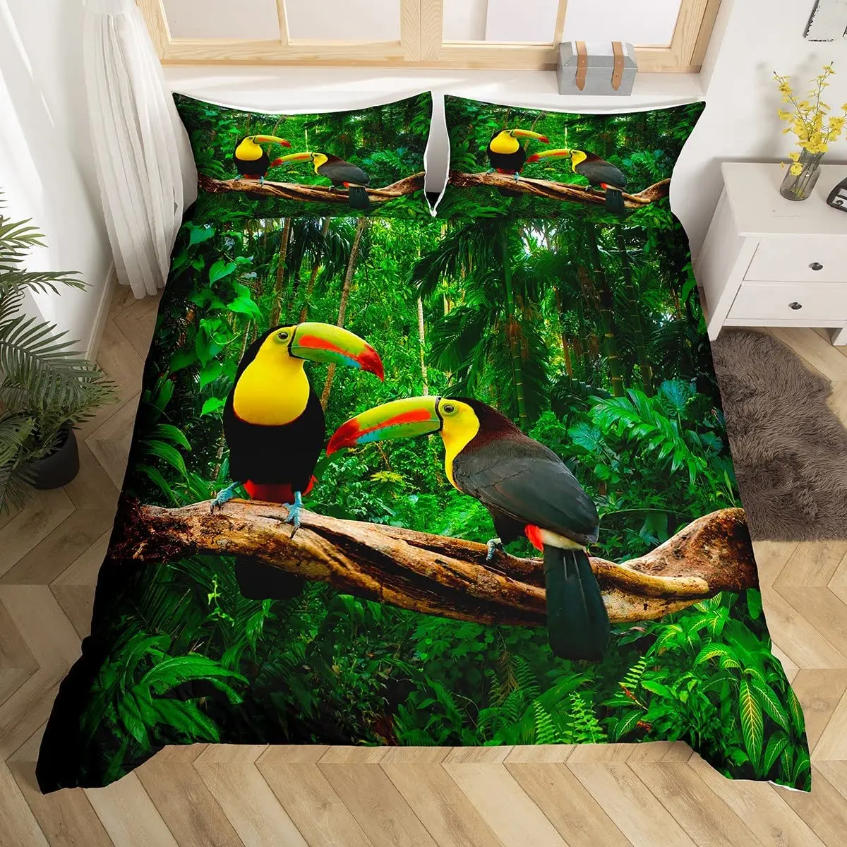 

3D Toucan King Queen Duvet Cover Safari Animals Bedding Set Tropical Jungle Birds Quilt Cover Fresh Nature Green Comforter Cover