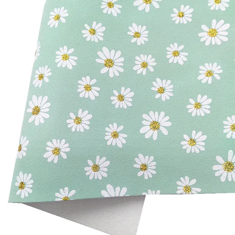 Mięta skóra z brokatem arkusze Daisy kwiaty niestandardowe zamszowe Faux skórzane kwiaty drukowane syntetyczna skóra dla łuk DIY 21x29CM Q1645