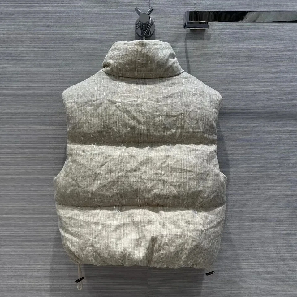 New Fashion Winter Warm Thick Goose Down Coat Sleeveless Zipper Fly Beige Color Sequins Casual Tank Vest Jacket