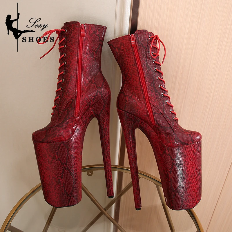 Shoes Ladies Platform Zip Heels Ankle Boot Red Snake Pattern Women 26CM/10Inch Sexy Nightclub Pole Dance Boots Super High Heels