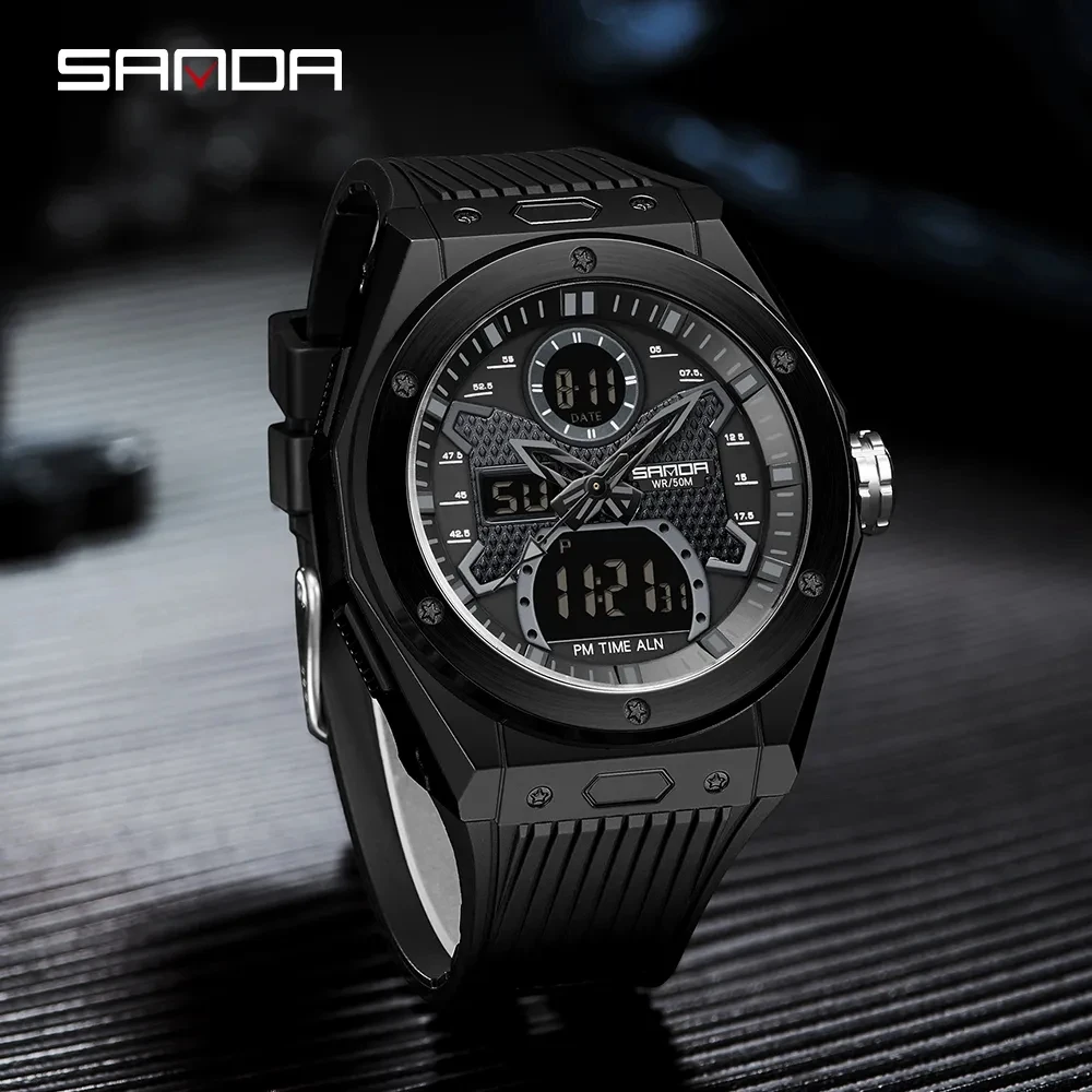 SANDA Fashion Sports Men Digital Watch Dual Time Pedometer Alarm Clock Waterproof Wristwatch Week Display Calendar Male Clock