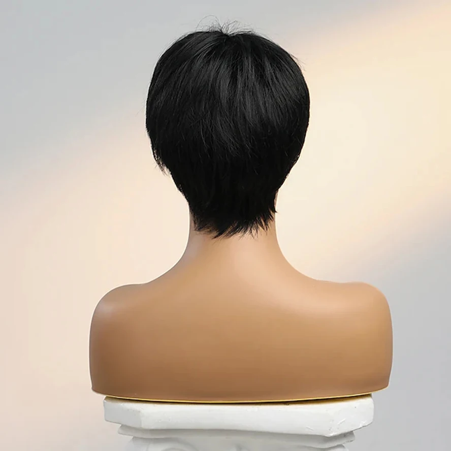 Human Hair Wig Full Machine Made Short Pixie Cut with Bang For Women 130% Density Natural Straight Wigs