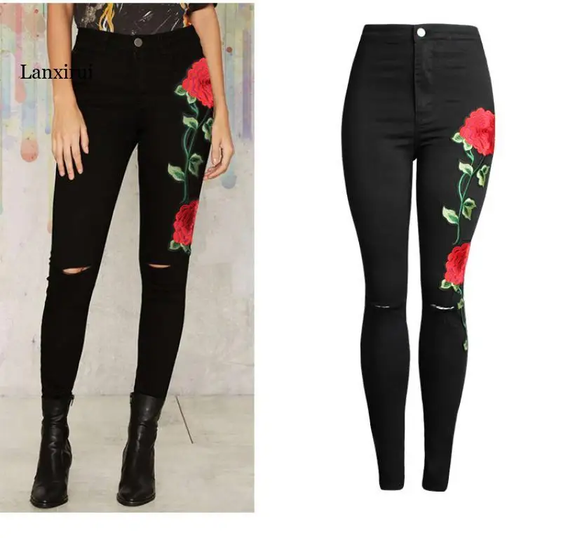 New Women 'S Vintage Embroider Flowers Jeans High Waiest Jeans Stretch Denim Pants Female Slim Skinny Trousers Jeans